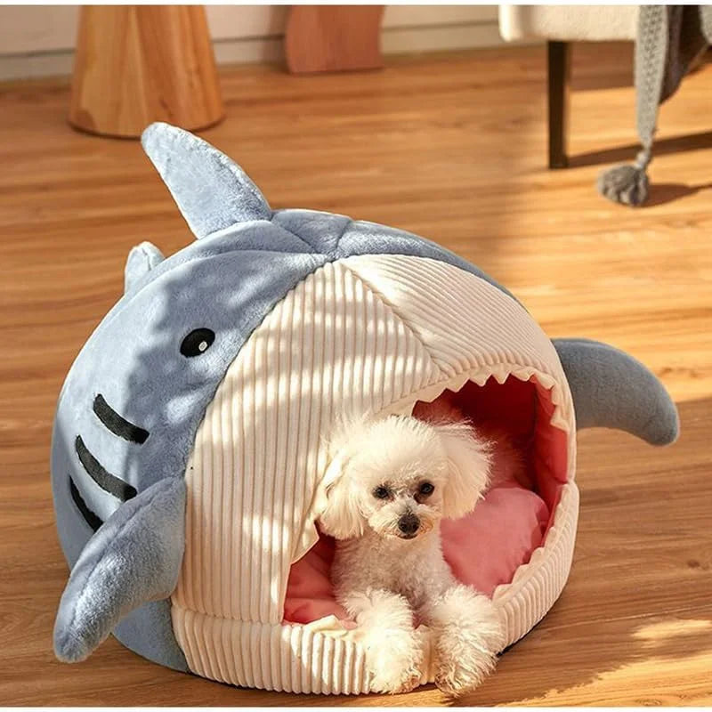 Shark Shape Cat Cave Bed with Thick Cushion, Kitten Soft Warm House for Indoor Cats, Cute Cat Tent with Removable Washable Cushioned Pillow, Anti-Slip Bottom Cat Hut Sleeping Bag-(Gray,S)