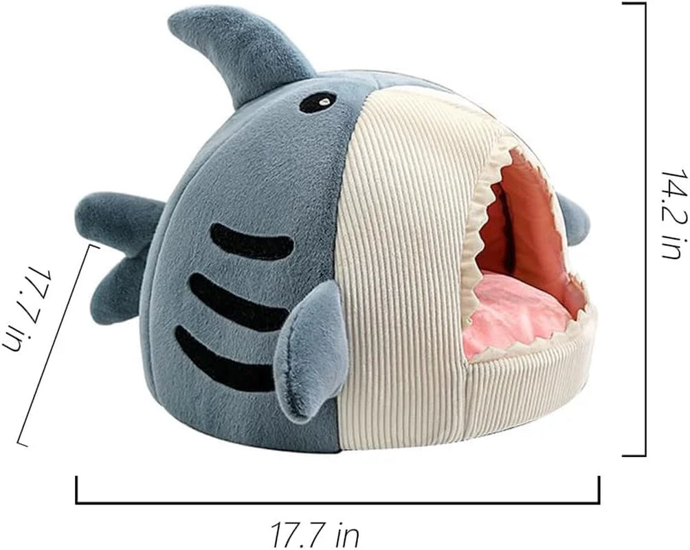 Shark Shape Cat Cave Bed with Thick Cushion, Kitten Soft Warm House for Indoor Cats, Cute Cat Tent with Removable Washable Cushioned Pillow, Anti-Slip Bottom Cat Hut Sleeping Bag-(Gray,S)